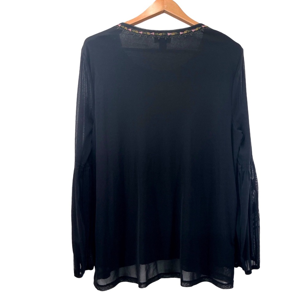 Style & Co Womens XL Black Floral Embroidered Mesh Boho Bell Sleeve Top Blouse - Picture 9 of 10